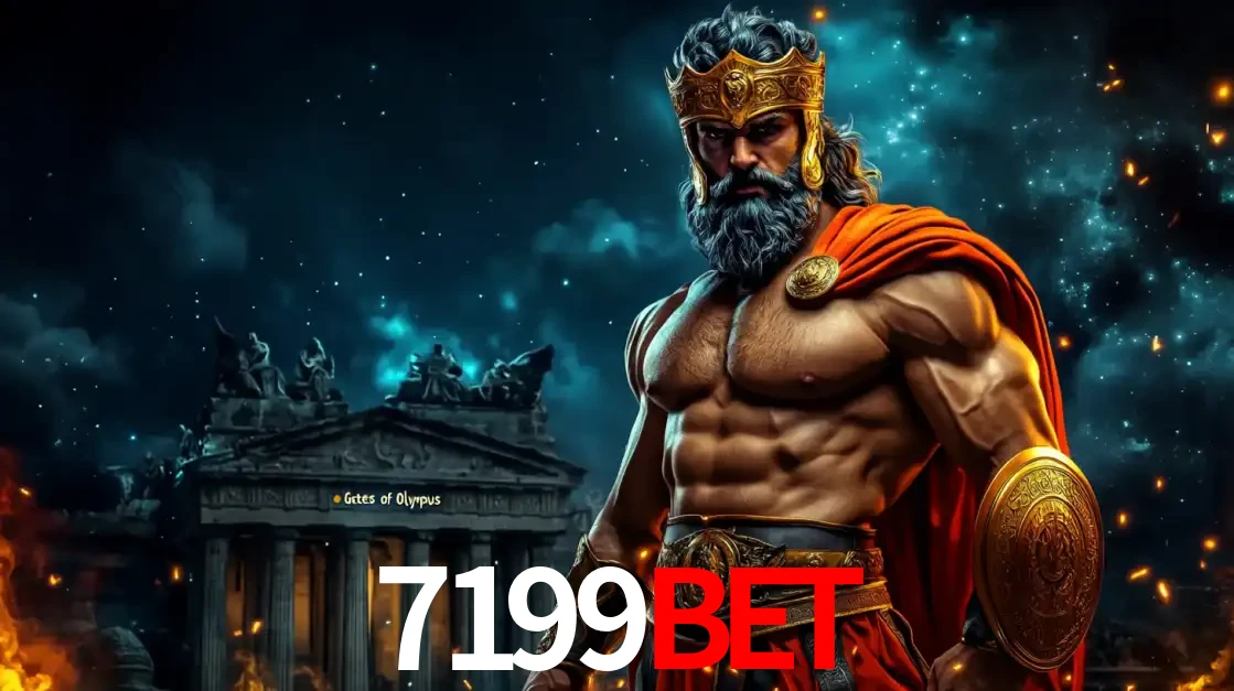 O poderoso Zeus do jogo de slot Gates of Olympus em frente ao seu templo, pronto para lançar multiplicadores divinos e prêmios épicos no cassino online 7199BET.
