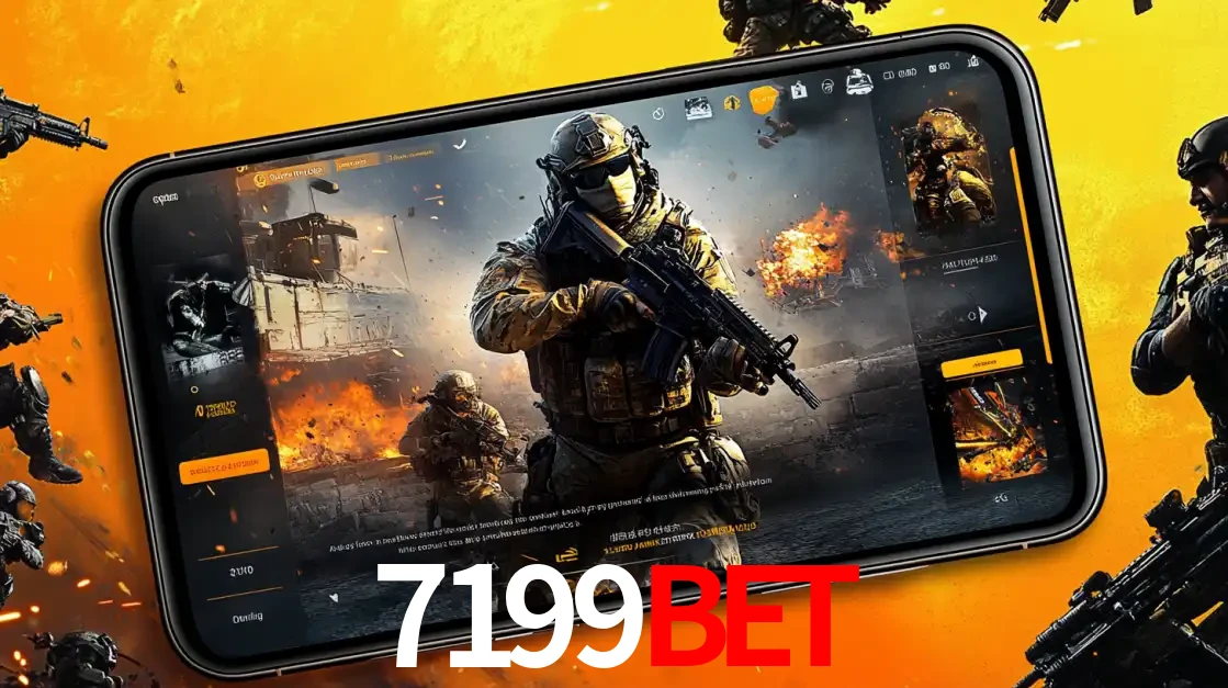 Um smartphone exibindo a interface de um jogo de tiro em primeira pessoa, com um soldado em um cenário de batalha, representando a ação dos e-sports para apostar no 7199BET.
