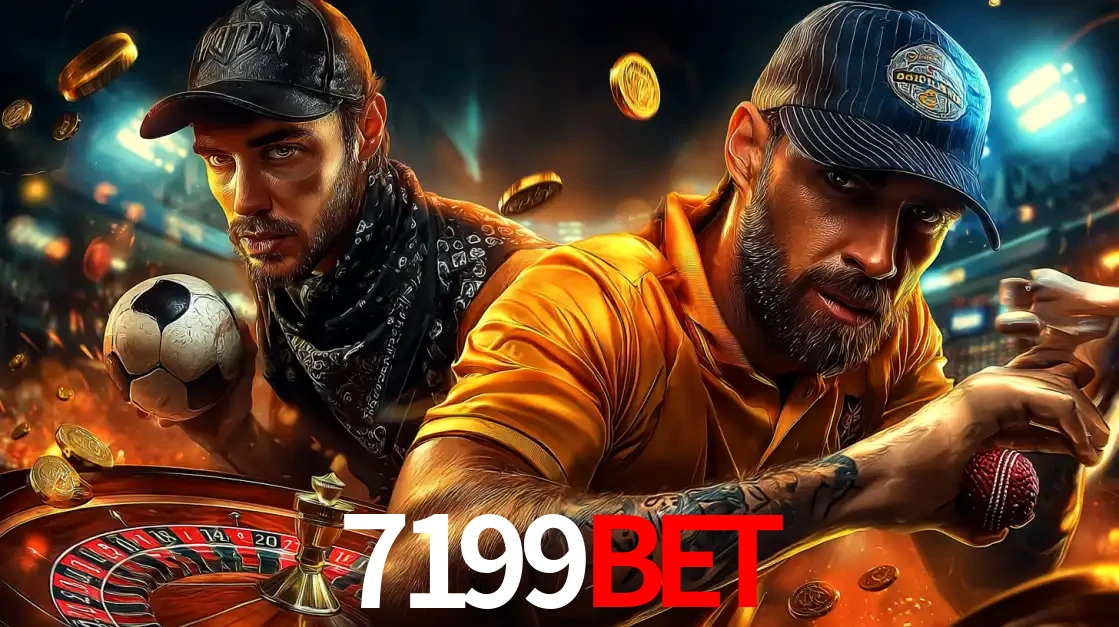 Montagem de apostas esportivas e cassino no 7199BET, com um homem segurando uma bola de futebol e outro uma de beisebol sobre uma roleta e moedas voadoras.