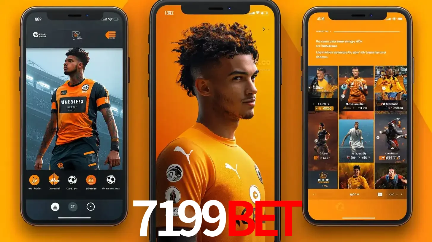 Interface do aplicativo de apostas esportivas 7199BET em três telas de celular, mostrando o perfil de um jogador de futebol e a lista de jogos disponíveis para apostar.