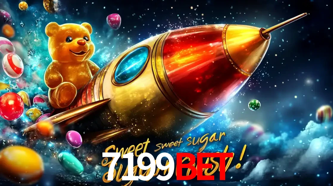 Arte promocional do jogo de slot Sugar Rush, com um urso de pelúcia em um foguete viajando pelo espaço de doces, um dos jogos divertidos disponíveis no cassino 7199BET.