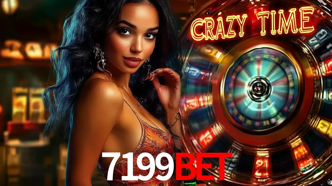 Mulher elegante ao lado da vibrante roda da fortuna do jogo de cassino ao vivo Crazy Time, um dos game shows mais populares e cheios de prêmios do 7199BET.