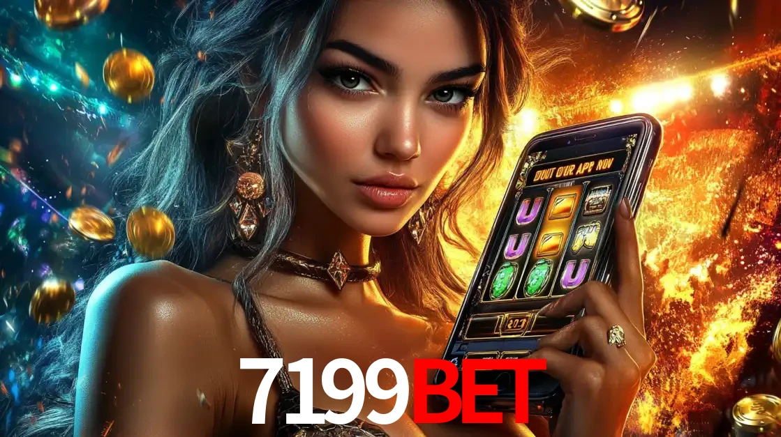 Mulher elegante mostrando um jogo de caça-níqueis em seu smartphone, destacando a experiência de cassino móvel oferecida pelo aplicativo 7199BET.