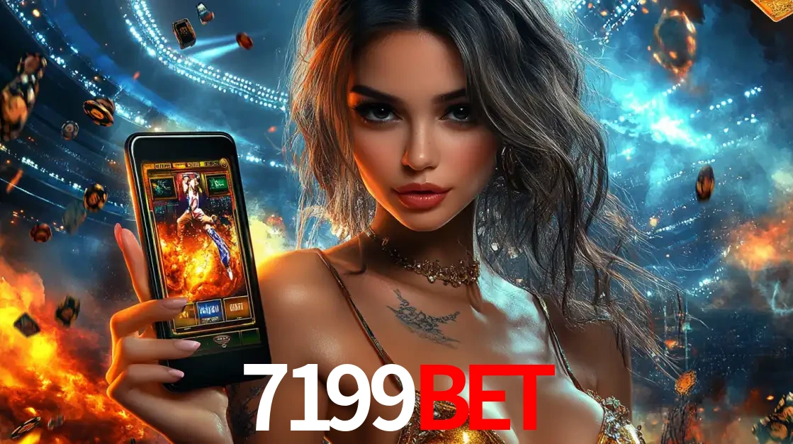 Mulher segurando um celular com um jogo de slot em destaque, tendo como fundo um estádio vibrante, simbolizando a emoção de jogar no cassino móvel 7199BET.