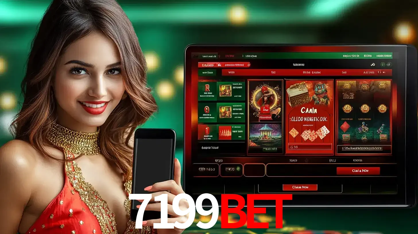 Mulher sorridente segurando um smartphone, ao lado de uma tela exibindo o lobby de jogos do cassino online 7199BET, com várias opções de jogos de cartas e slots.